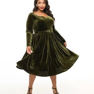 Unique Vintage Velvet Long Sleeve Dress in Olive Green